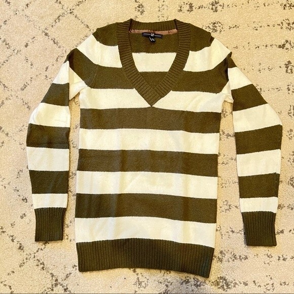 Gap Olive Green & White Stripe Wool Blend Knit V Neck Sweater XS - Picture 5 of 9